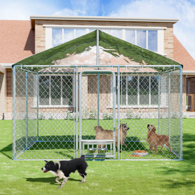 9.8 × 9.8 Ft Large Outdoor Dog Kennel With Roof Heavy Duty Dog Kennel House, Galvanized Chain Link Dog Runs Pet Playpen With Waterproof Uv-resistant Cover And Secure Lock