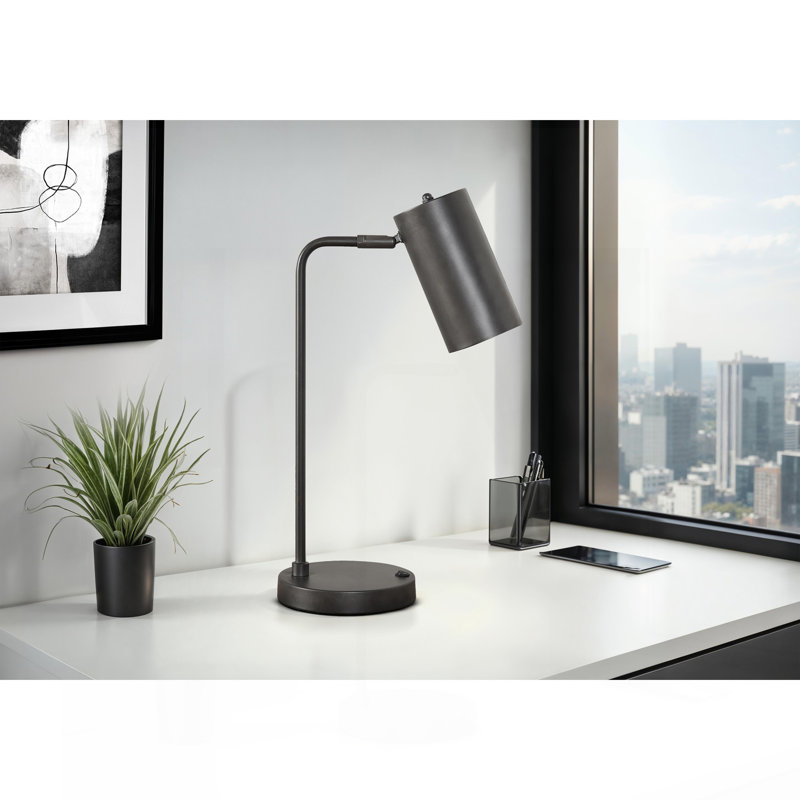 Éclairage, H 18 po, lampe de table, port USB inclus, métal gris, abat-jour gris, moderne