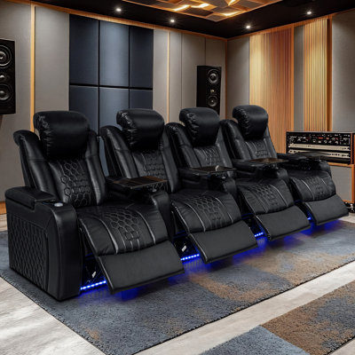 Chaise de cinéma maison en cuir véritable 4 pièces, noir