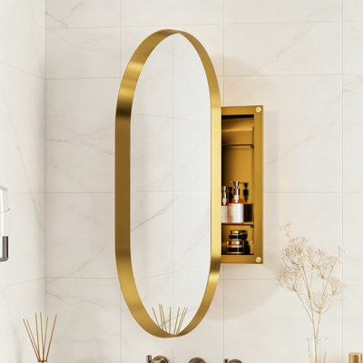 Armoire à pharmacie encastrée ovale 20 po x 34 po, armoire de salle de bain murale en métal avec miroir et tablettes réglables, miroir mural avec rangement pour salle de bain, or mat