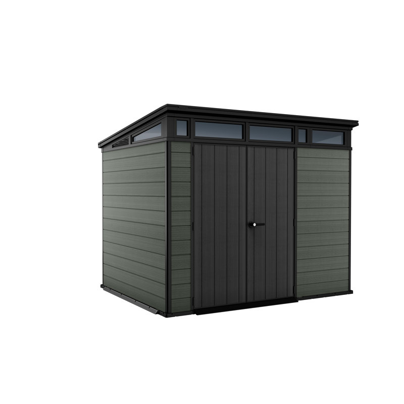 Keter Cortina 9x7 ft. Modern Durable Resin Outdoor Storage Shed With Floor and Double Doors for Garden Patio Furniture and Tools, Green