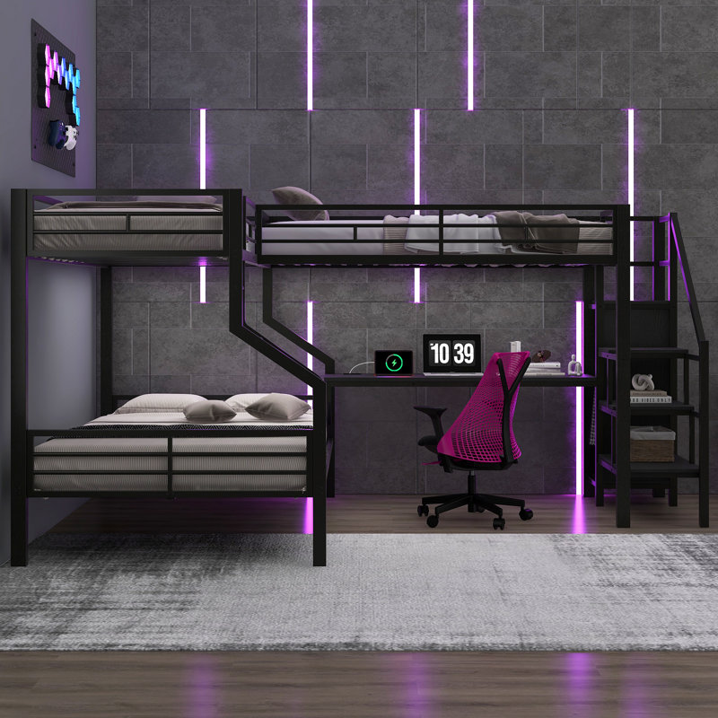 Lit superposé simple au-dessus d'un lit double en L avec lit mezzanine, garde-robe intégrée, bureau, ports USB, rangement compact, noir