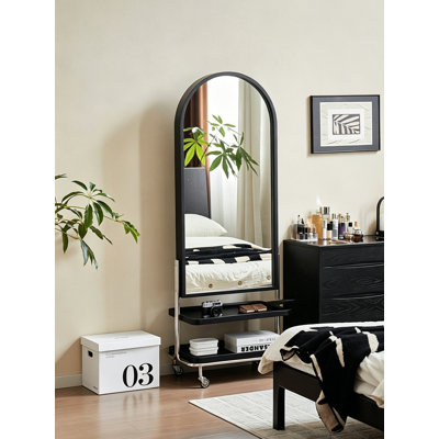 Miroir pleine grandeur moderne à arche de grain de bois avec tablette de rangement à deux niveaux