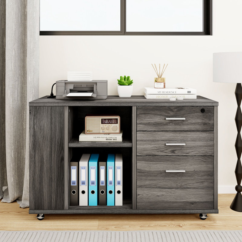 Ardeha 39" W 3-Tiers Wood Storage File Cabinet with 3 Drawers &3 Side Storage Shelve &Built-In Outlet, Gray