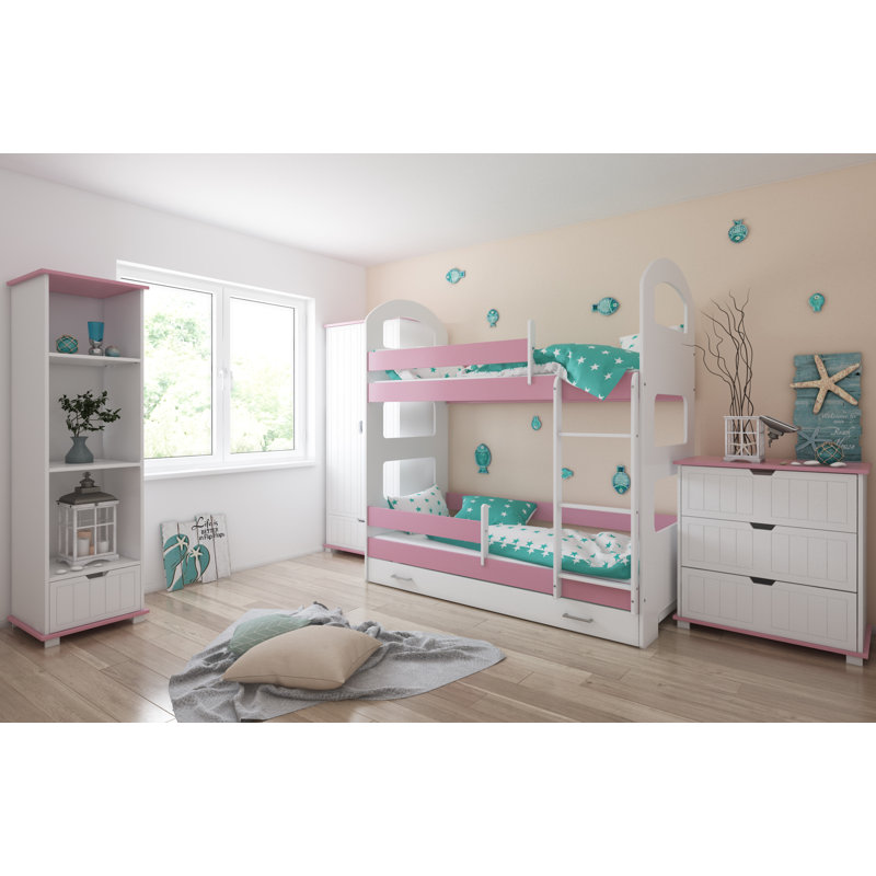 Peterkin Bunk Bed with Built-in Ladder Included, Pink, With Drawer, 80 x 160 cm
