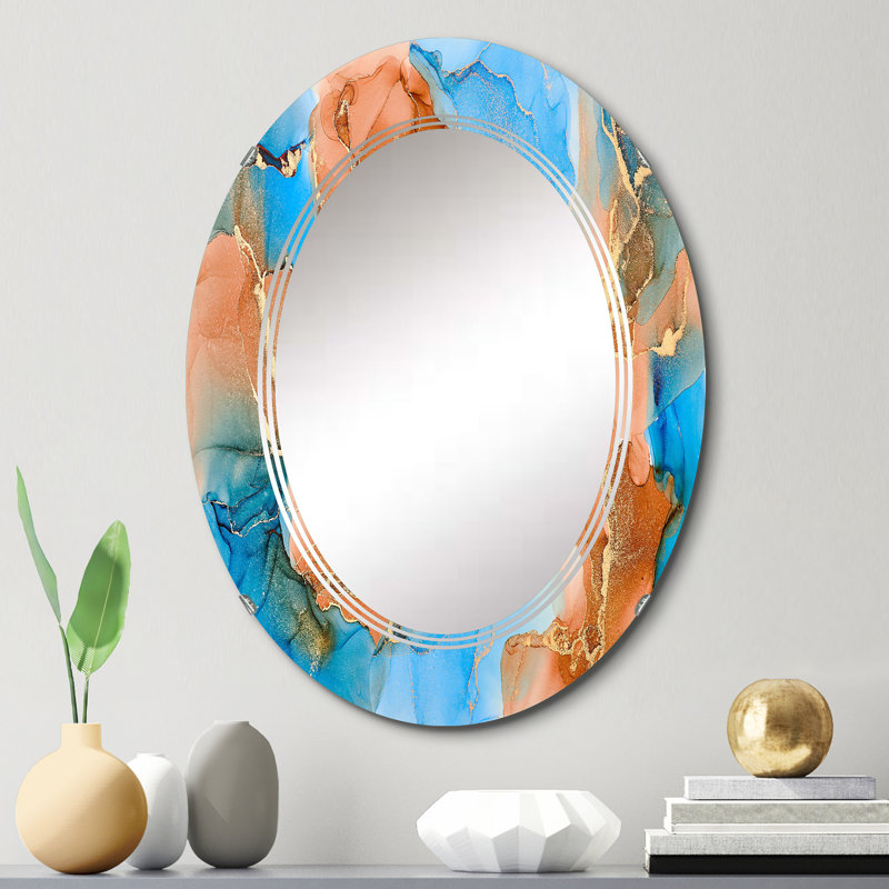 Turquoise et brun, art abstrait fluide de luxe VI - miroir mural moderne ovale, 30 po x 20 po
