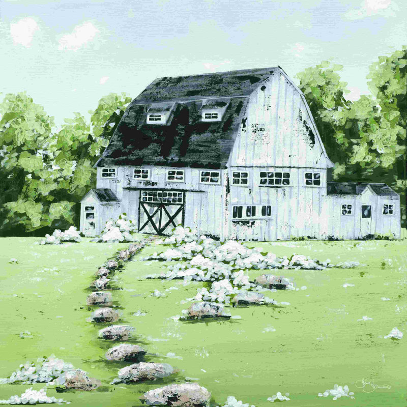 " White Barn In The Field " by Hollihocks Art Painting Print, 36" H x 36" W