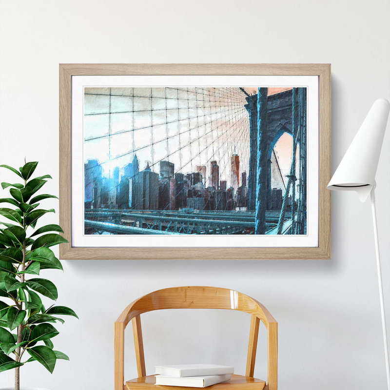 Brooklyn Bridge and New York Skyline - Picture Frame Painting Print, 36cm H x 48cm W x 2cm D, Oak Framed