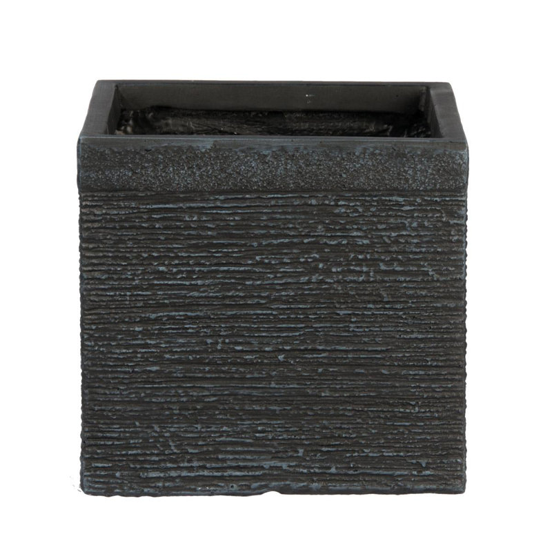 HORTICO Ribbed Light Concrete Square Planter, 22cm H x 24cm W x 24cm D, Black