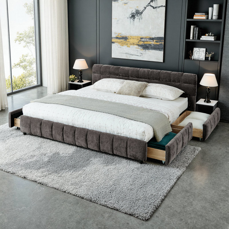Modern Dark Gray California King Upholstered Platform Bed Frame with Storage Drawers & Plush Chenille Headboard - 90.5"x80.5"