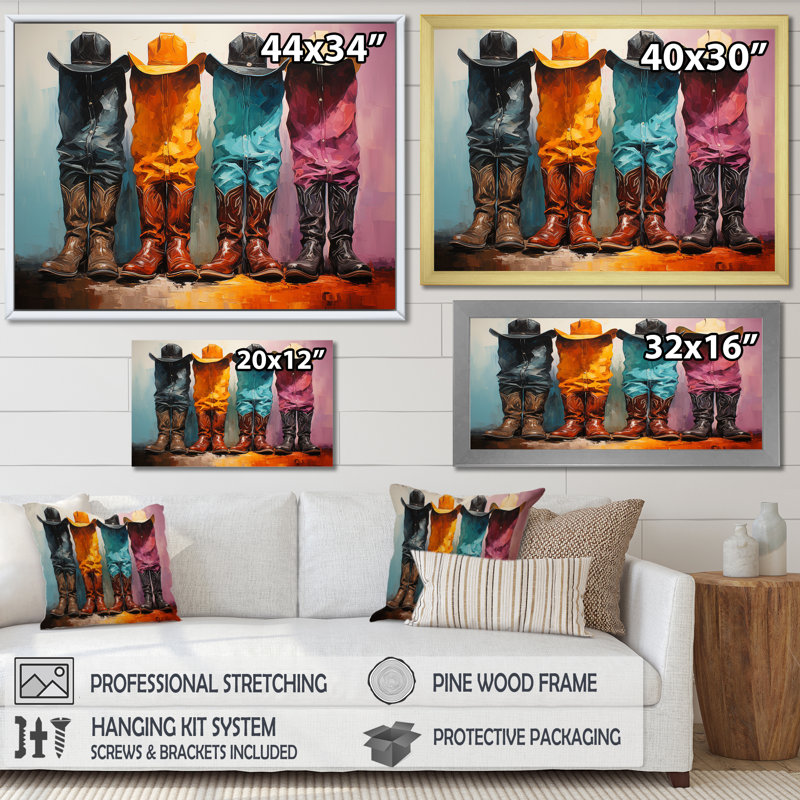 Popart, chapeaux et bottes de cowboy, H 24 po x l 32 po x P 1 po, Cadre flottant doré