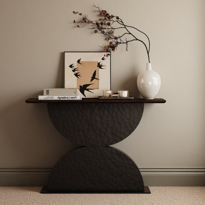 47''Double Semi-Circles 3D Hammer-Shaped Texture Base Wood Console Table With Led Light Entryway Table Modern Console Table,Sofa Console Tables For Living Room