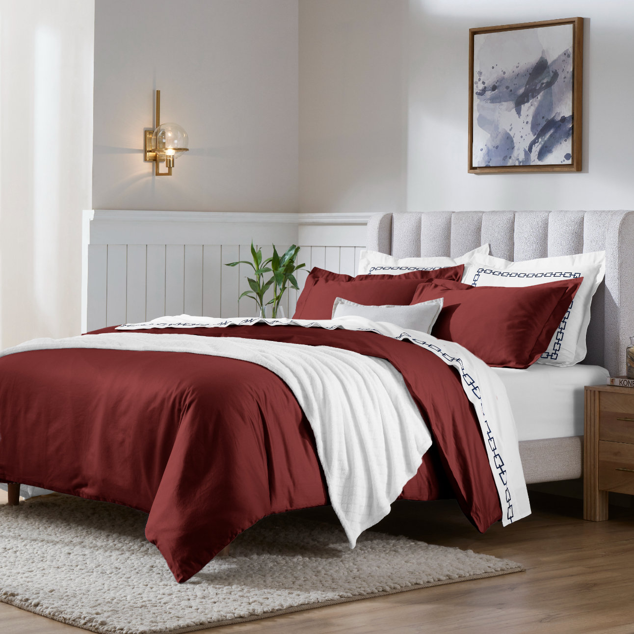 Egyptian Cotton Duvet Cover Set, Burgundy, Full/Queen Duvet Cover + 2 Pillow Sham