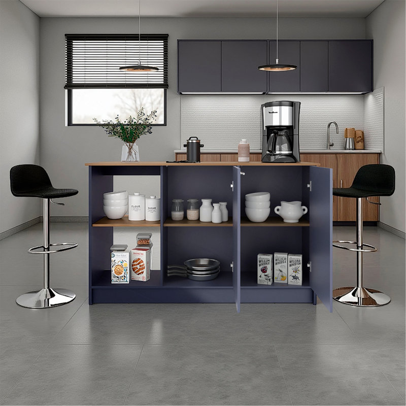 Îlot de cuisine H 35,7 po, 2 portes, 6 tablettes, bleu Alby / chêne naturel - Cuisine
