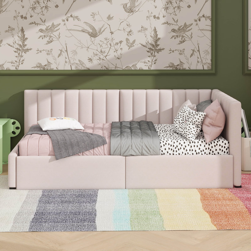 Twin-Size Upholstered Daybed With Two Built-In Drawers, Beige