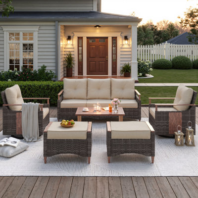 Melvarn 5-Person Outdoor Wicker Swivel Glider Chairs Patio Conversation Sets With Cushions