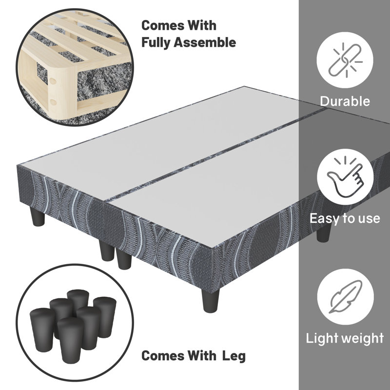 Wood Box Spring/Foundation With Legs For Mattress Support, Heavy-Duty Structure, Fully Assembled, No Need For Bed Frame, Queen, Black