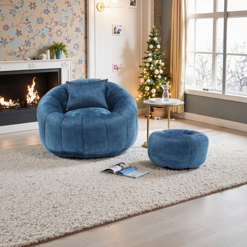 Fauteuil à billes Chenille avec repose-pieds 38,98 po, Bleu