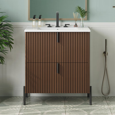 Meuble-lavabo de 30 po avec lavabo en céramique, poignées verticales et tiroirs pleine extension