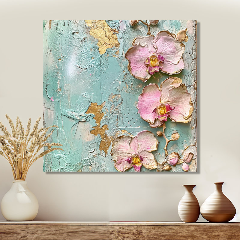 Fleurs d'orchidées roses sur un mur bleu rétro - salon d'art mural orchidée, Sans cadre, métal, H 30 po x l 30 po