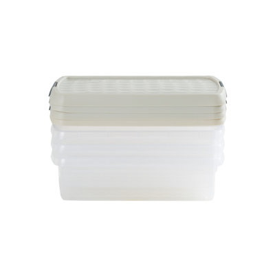 Wham Clip 4x 7L Rectangular Plastic Storage Boxes with Secure Clip Lock Lids. L:39 x W:24 x H:10.5cm Clear/Green Milieu/Stone