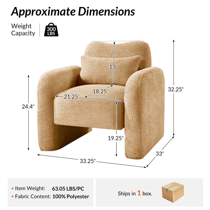 Fauteuil rembourré avec coussin lombaire l 33 po Fidele, Chameau