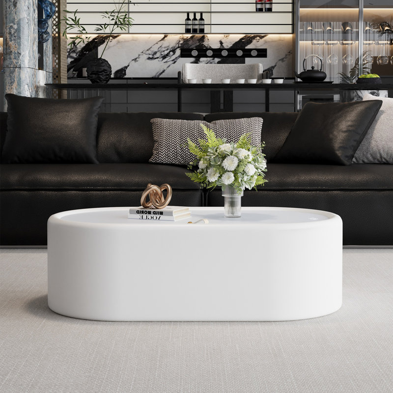 Table basse de rangement ovale cachée 33,46 po - Plateau en verre trempé certifié 3C et table basse de rangement blanche moderne en cuir de qualité supérieure pour le salon