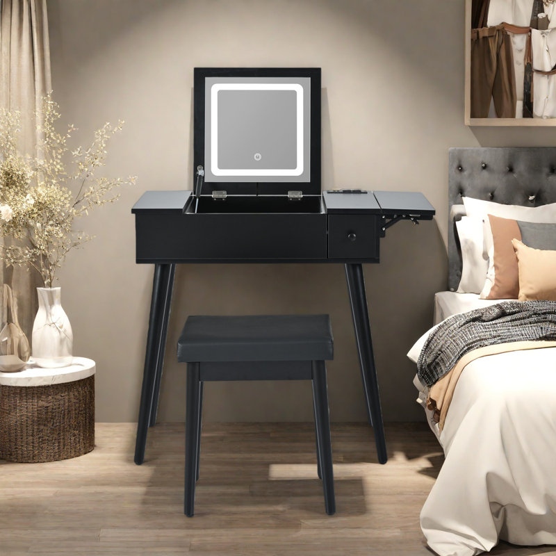 Bureau de maquillage avec miroir, lumière DEL, station de charge et tabouret
