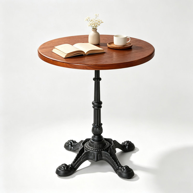 Table de bistro ronde vintage, plateau en pin massif, piètement en fonte à quatre pattes pointues, noire