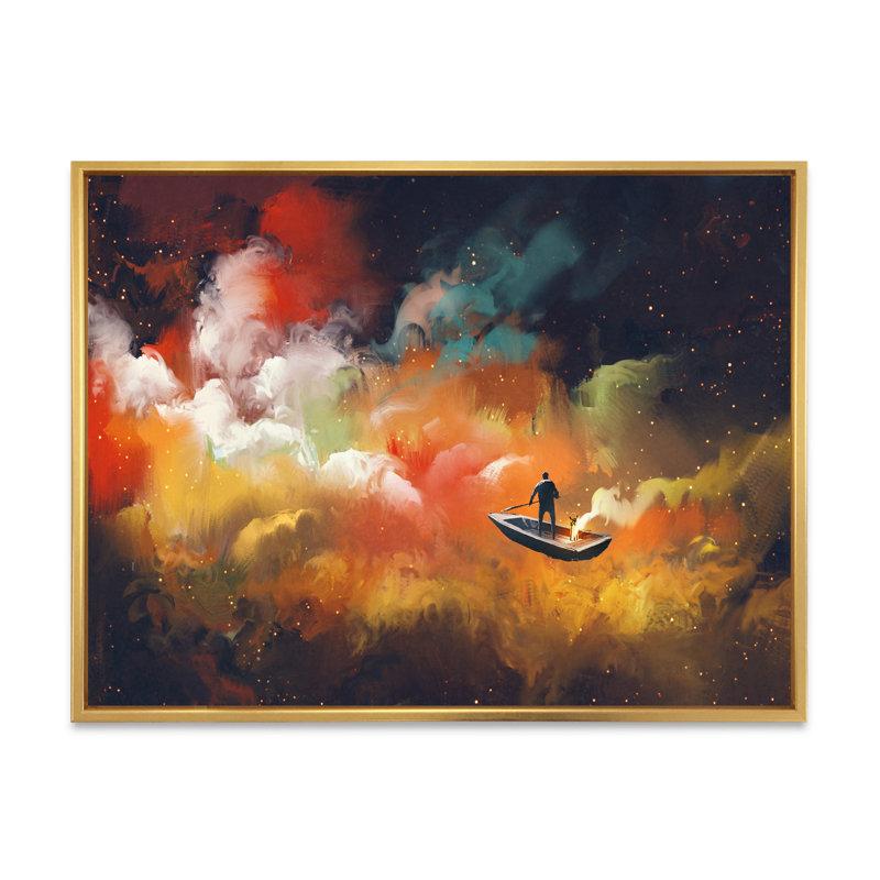 «Video Game Fantasy Flying Boat», reproduction d'art moderne sur toile, H 34 po x l 44 po x P 1,5 po, Cadre flottant doré