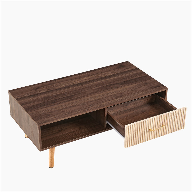 Boho Rectangle Coffee Table with Solid Wood Legs & Sliding Storage Drawer, Modern Living Room or Office Center Table