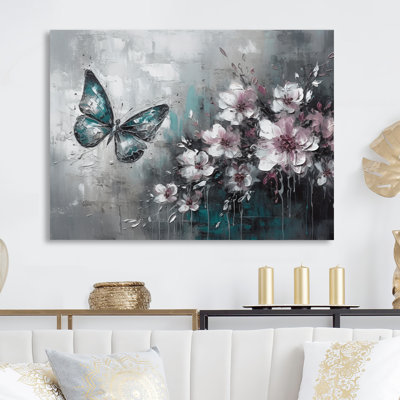 Fleurs avec papillons, peinture III sur métal