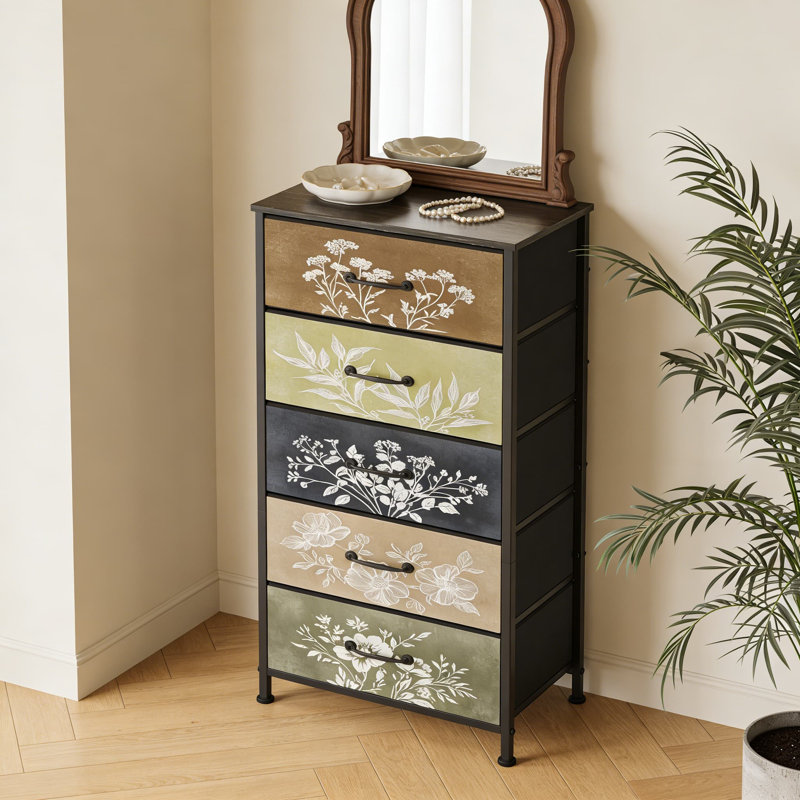 Commode de table de chevet verticale rétro avec tiroirs en tissu botanique
