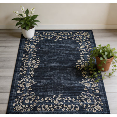 Grand tapis de salon 10 x 13 avec motif floral à bordure rétro et envers antidérapant