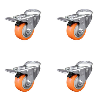 3 Inch Orange Polyurethane Swivel Bolt Hole Caster Set with Total Lock Brake SCC