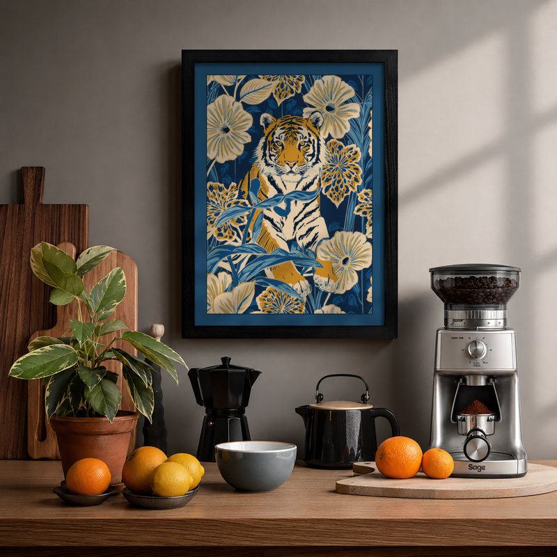 Tiger in Bloom Botanical - Framed Print, A2 - 59.4 x 42.0 cm, Black