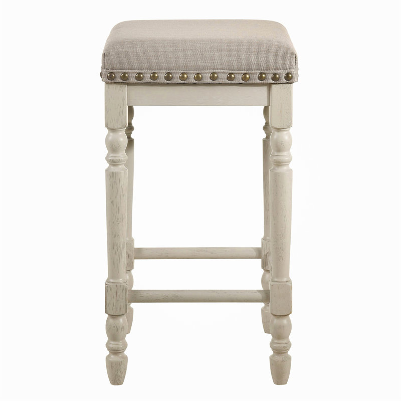 Antique White Wood Counter Height Stool with Beige Upholstery