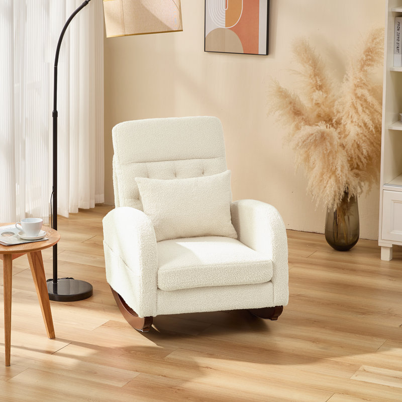 Beige Teddy Fleece Rocking Chair with Solid Wood Base