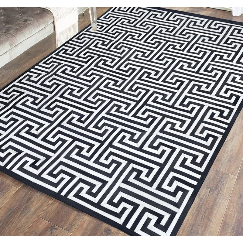 Tapis en cuir de vache noir et blanc à motif géométrique moderne 10 pi x 13 pi, Noir, Rectangle 120" x 156"