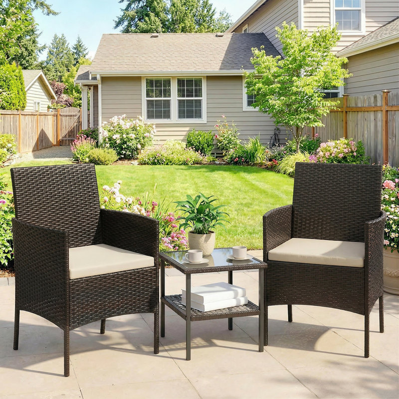 Ensemble bistro 3 pièces en osier avec coussins, kaki, Coussin beige, structure noire