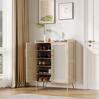 Meuble à chaussures en rotin de style champêtre avec portes, rangement à chaussures autoportant à 5 niveaux avec étagères réglables et pieds en métal robustes, étagère à chaussures étroite pour entrée, couloir, salon - Couleur bois