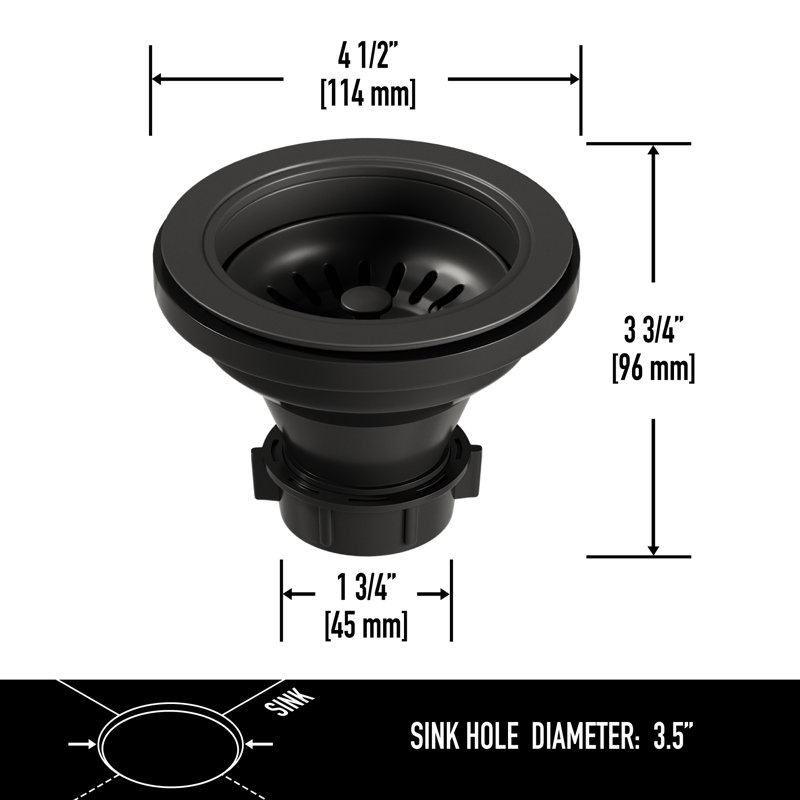 5 in. Kitchen Sink Drain Assembly with Strainer and Basket Stopper, Black
