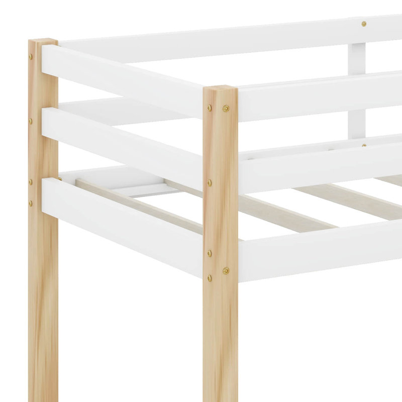 Low Loft Bed Twin Size, Kids Solid Wood Modern Loft Bed Frame With Ladder And Safety Guardrail For Girls Boys, Noise-Free, Space-Saving, No Box Spring Needed