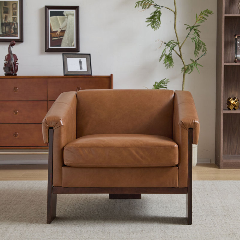 34" Accent Chair with Deep Cushions Wide Chair Living Room Chair Bedroom Chair, Brown Faux Leather