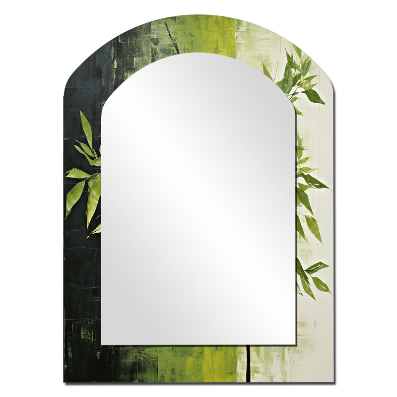 «Green Ferm Simple Collage II - Leaves Arch», miroir mural asymétrique traditionnel, impression d'art en métal, 34 po x 25 po