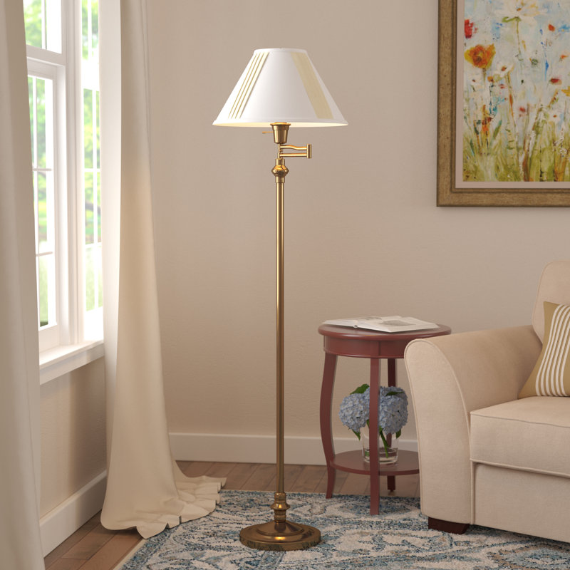 Antique Brass Adjustable Swing Arm Floor Lamp with Linen Shade