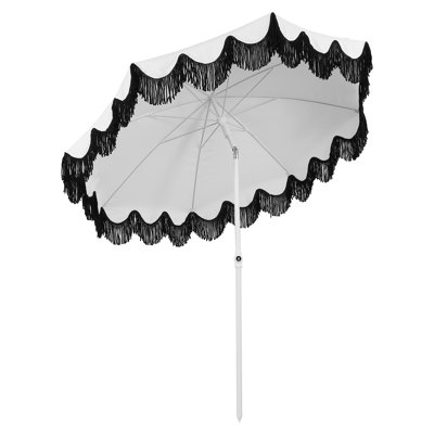 Mariner 6.5 ft. Solid Round Outdoor Beach Umbrella with Fringe, Push-Button Tilt, UV 50, White Canopy, White Pole
