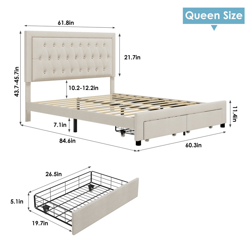 Lit plateforme en tissu d'ameublement avec 2 tiroirs Emanuell, Grand, Beige