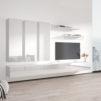 Vosburgh 126" Modern Floating Wall Mounted Entertainment Center with 16-Color LED Lighting, High Gloss Finish