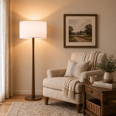 61.4'' Modern Natural Walnut Wood Minimalist Standing Floor Lamp with White Linen Drum Shade, cULus Certified for Living Room Side Tables, Bedroom Corners or Study Rooms